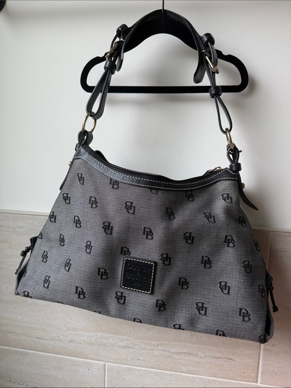 Dooney & Bourke Grey Monogram Hobo Bag with Black Trim